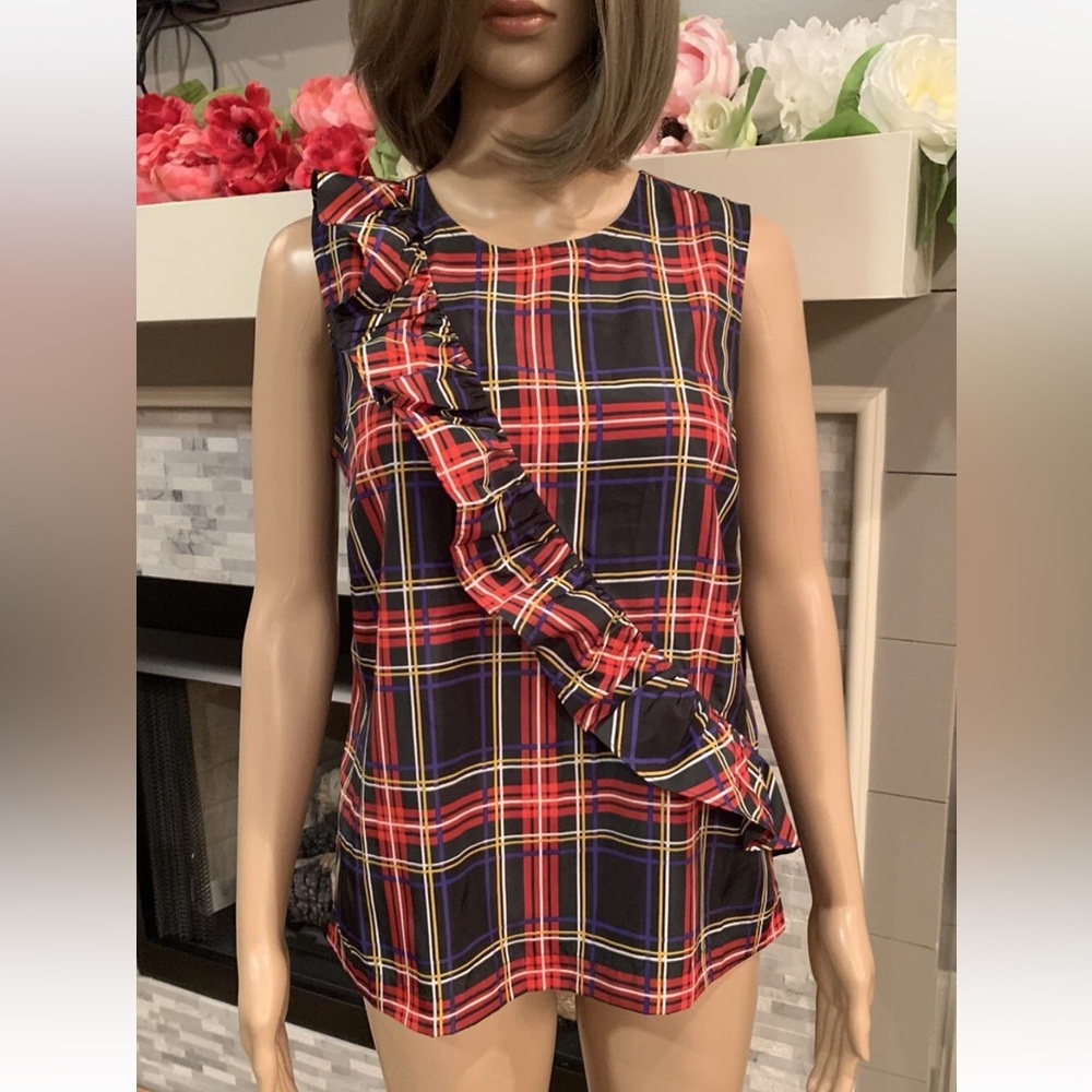 J.Crew Ruffled Plaid Sleeveless Polyester Blouse Sz 2